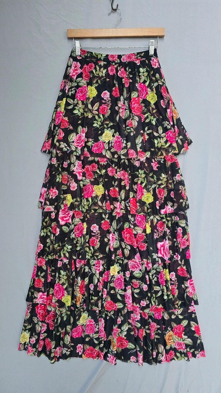 AFRM Skirt Womens Small Black Floral Wallpaper Rose Tiered Ruffle Maxi Lined